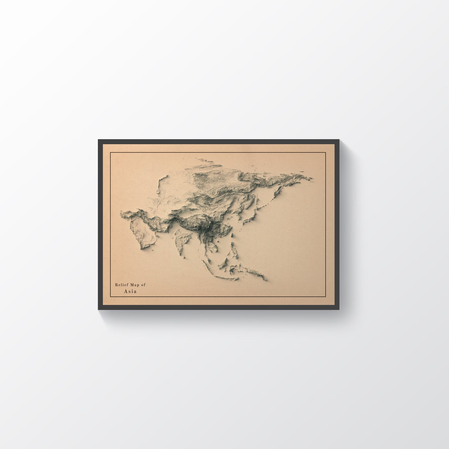 Asia vintage framed shaded relief map in black frame. Artistic print highlighting mountains with a realistic terrain effect