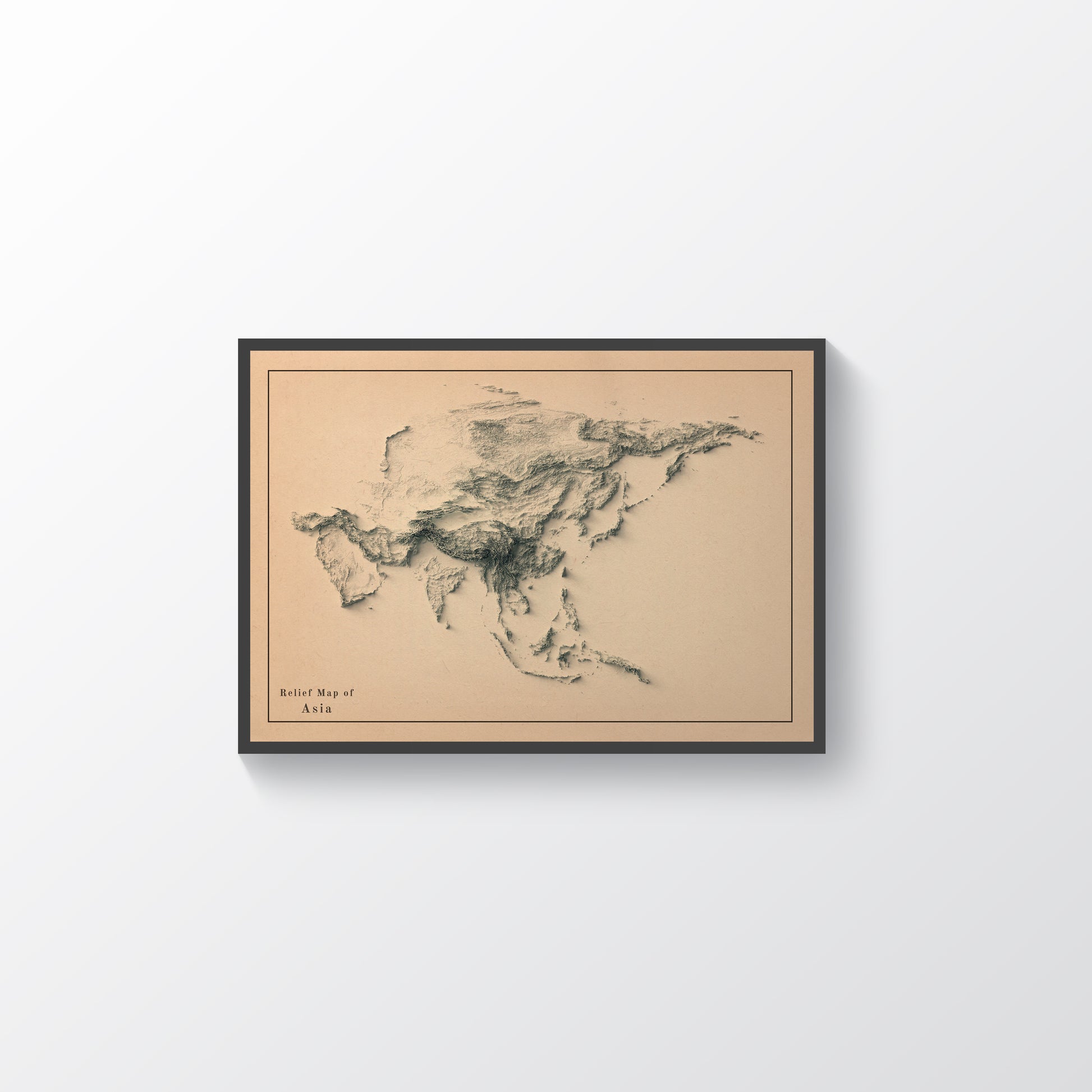 Asia vintage framed shaded relief map in black frame. Artistic print highlighting mountains with a realistic terrain effect