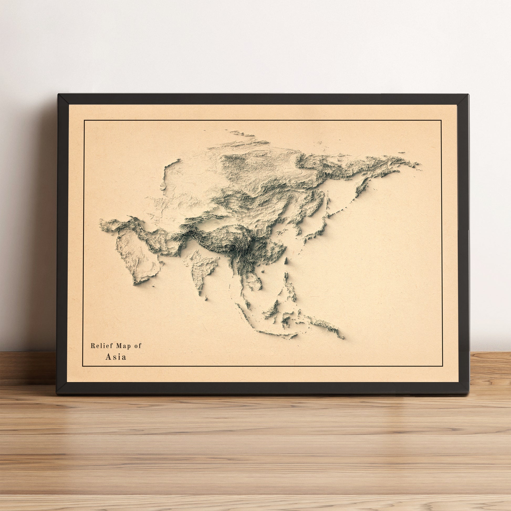 Asia vintage framed shaded relief map in black frame. Artistic print highlighting mountains with a realistic terrain effect