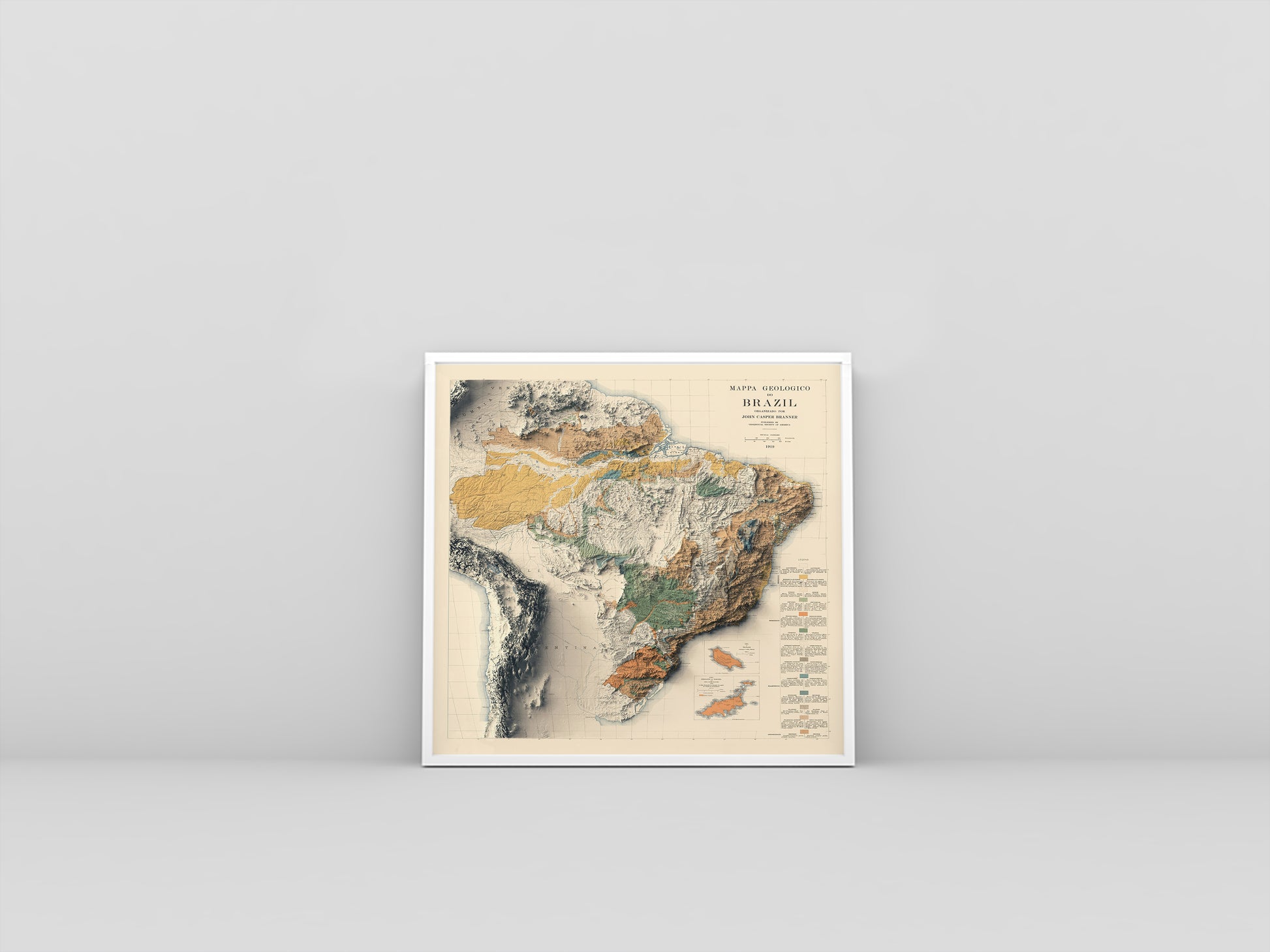 Brazil vintage framed shaded relief map in white frame. Artistic print highlighting mountains with a realistic 3d effect