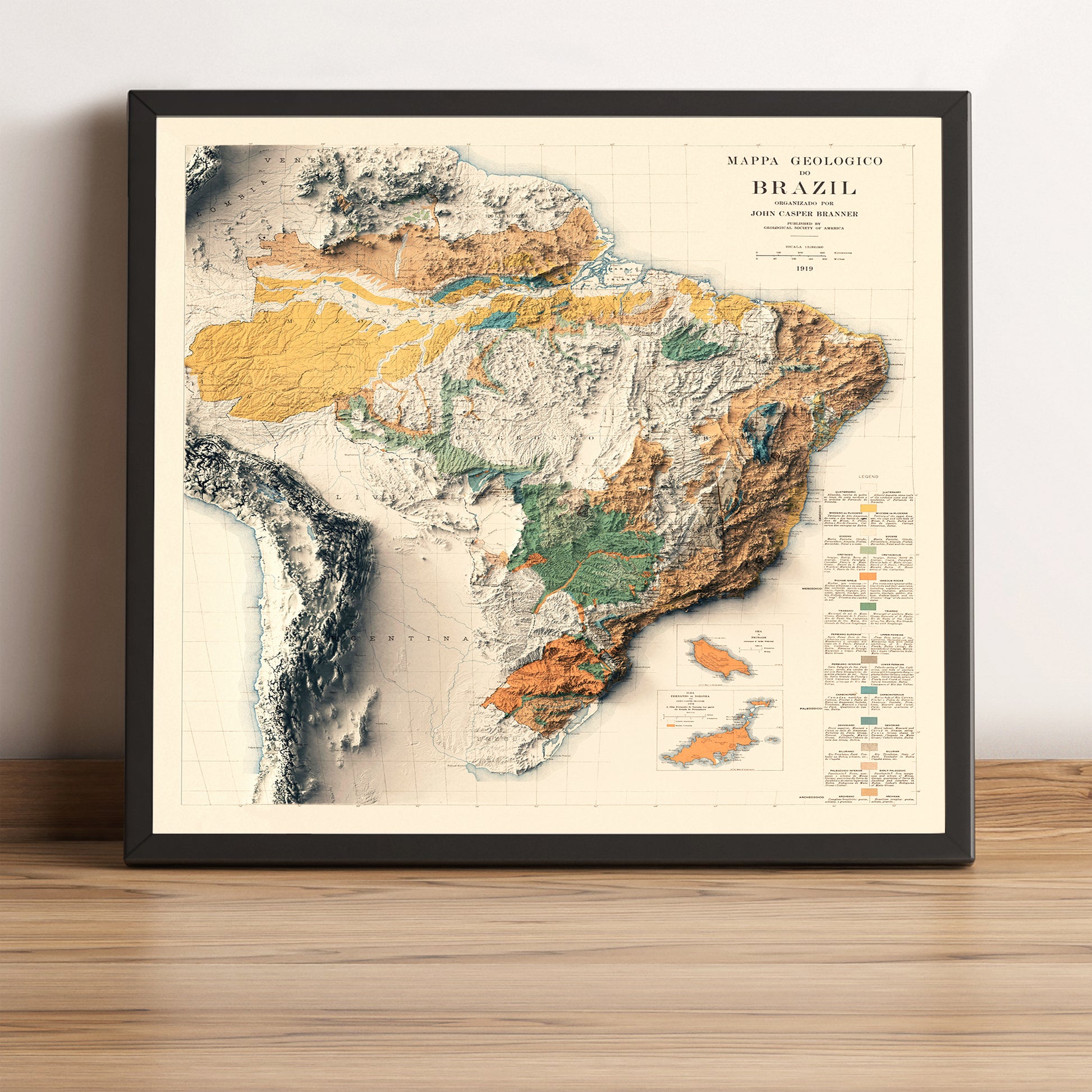 Brazil vintage framed shaded relief map in black frame. Artistic print highlighting mountains with a realistic terrain effect