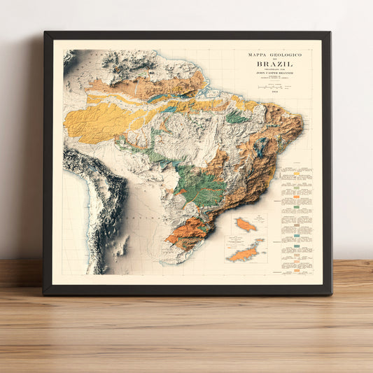 Brazil vintage framed shaded relief map in black frame. Artistic print highlighting mountains with a realistic terrain effect