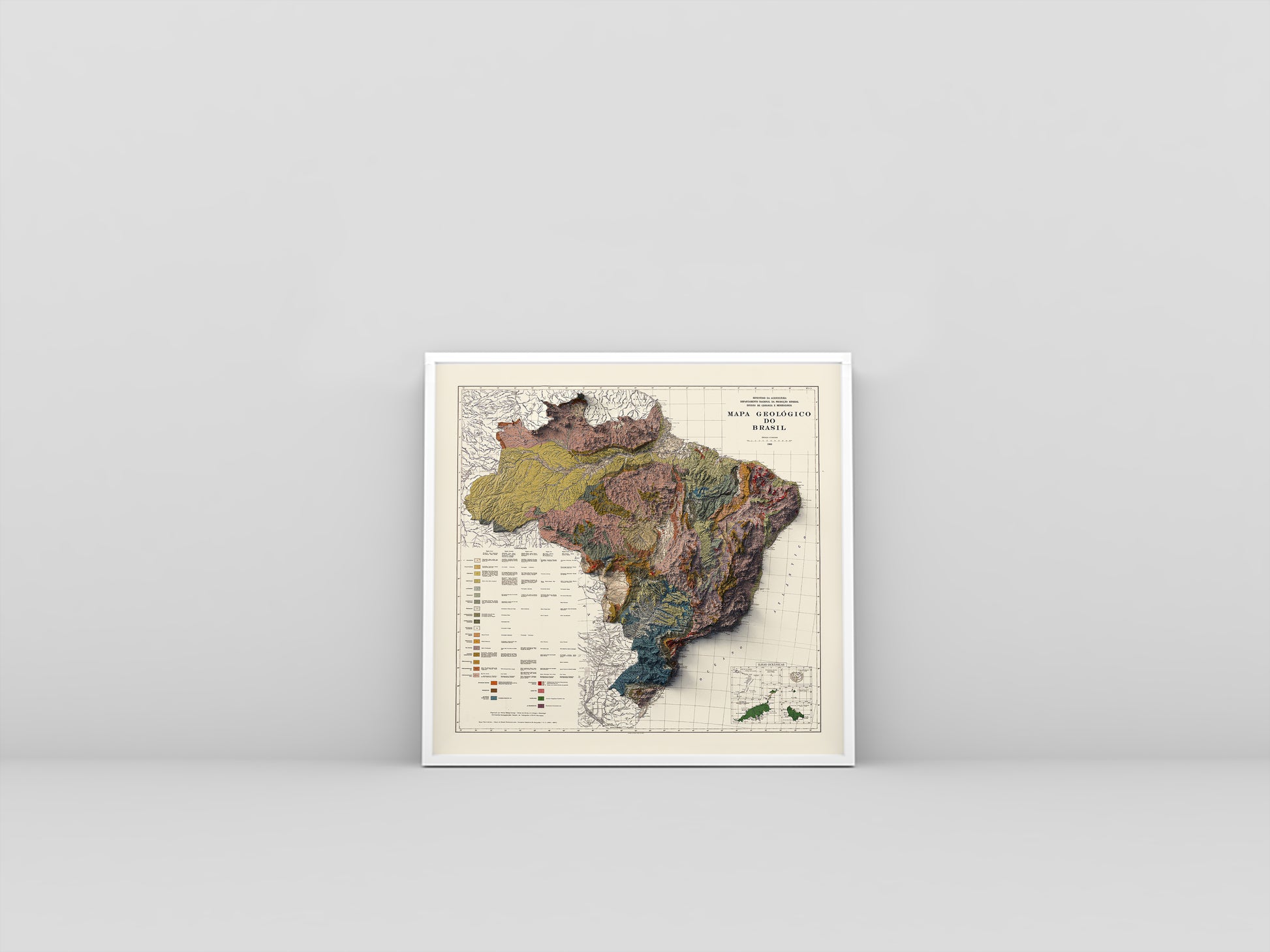 Brazil vintage framed shaded relief map in white frame. Artistic print highlighting mountains with a realistic 3d effect