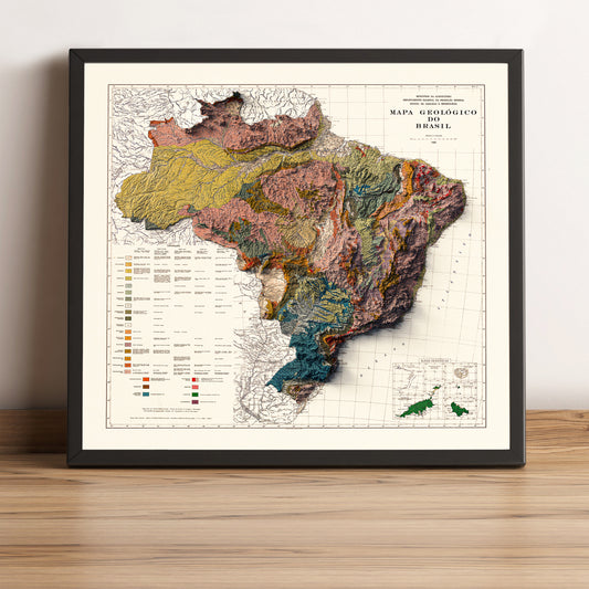 Brazil vintage framed shaded relief map in black frame. Artistic print highlighting mountains with a realistic terrain effect
