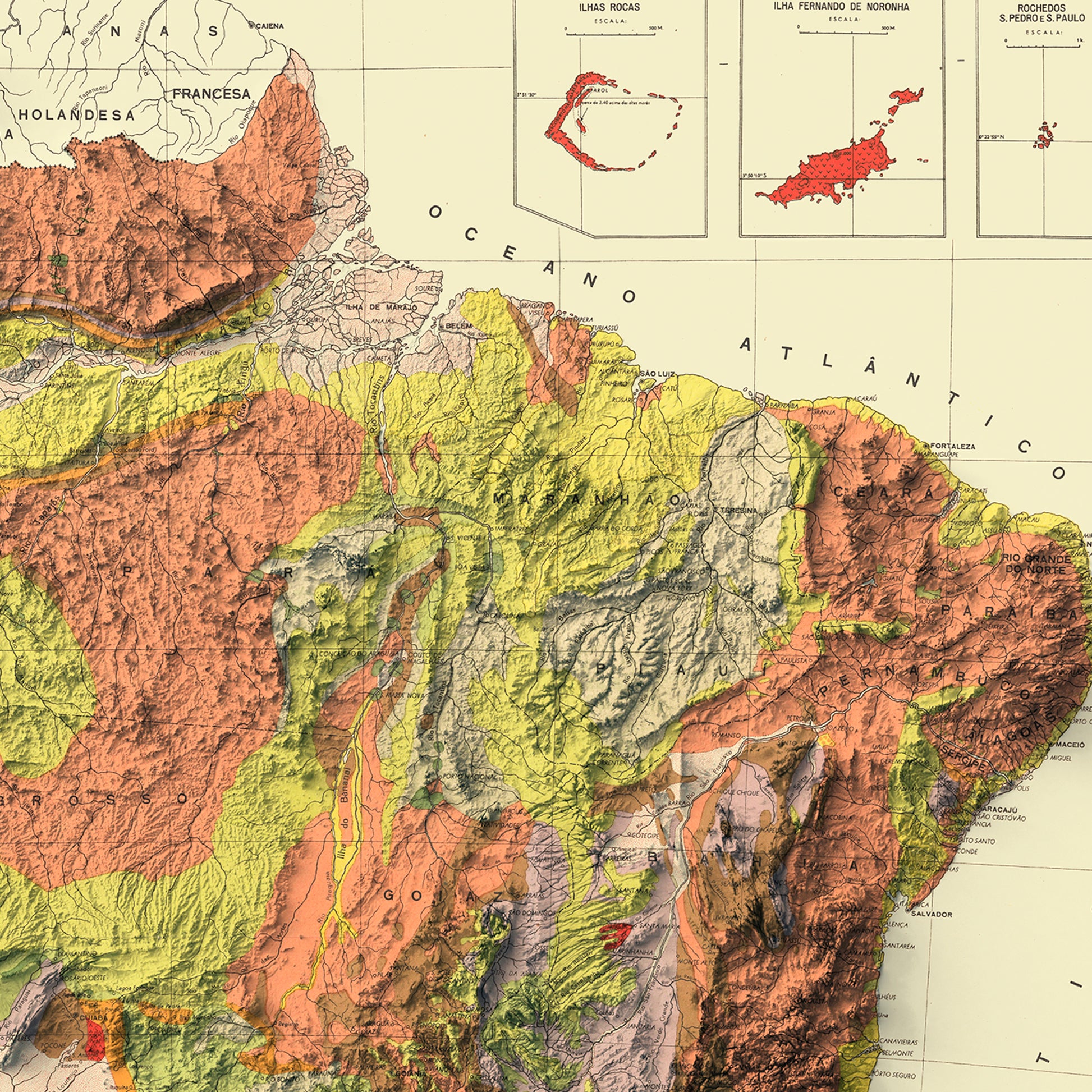 Detailed close-up of a Brazil relief map, showcasing textured topography and geographic contours