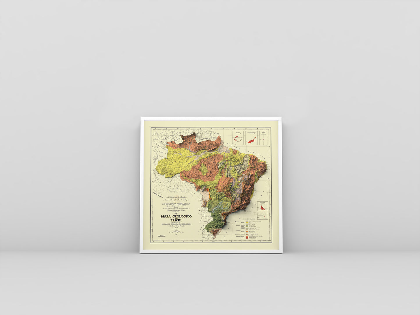 Brazil vintage framed shaded relief map in white frame. Artistic print highlighting mountains with a realistic 3d effect