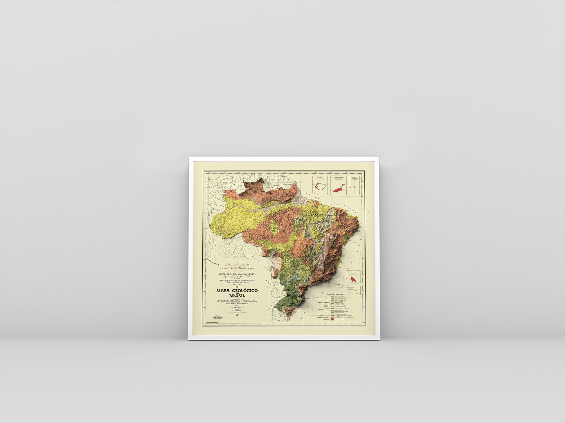 Brazil vintage framed shaded relief map in white frame. Artistic print highlighting mountains with a realistic 3d effect