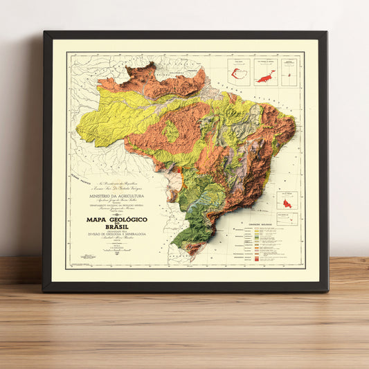 Brazil vintage framed shaded relief map in black frame. Artistic print highlighting mountains with a realistic terrain effect