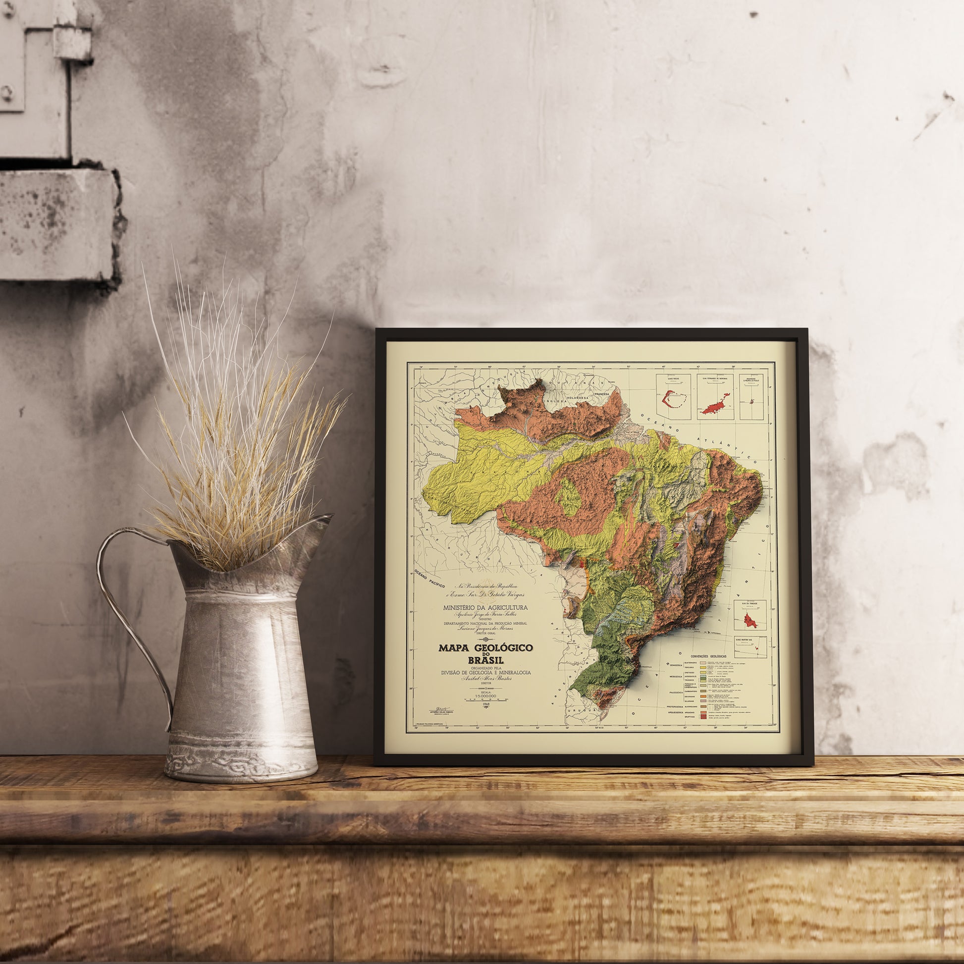 Vintage Brazil shaded relief map in black frame. Realistic terrain art print for home decor, displayed on rustic wooden table