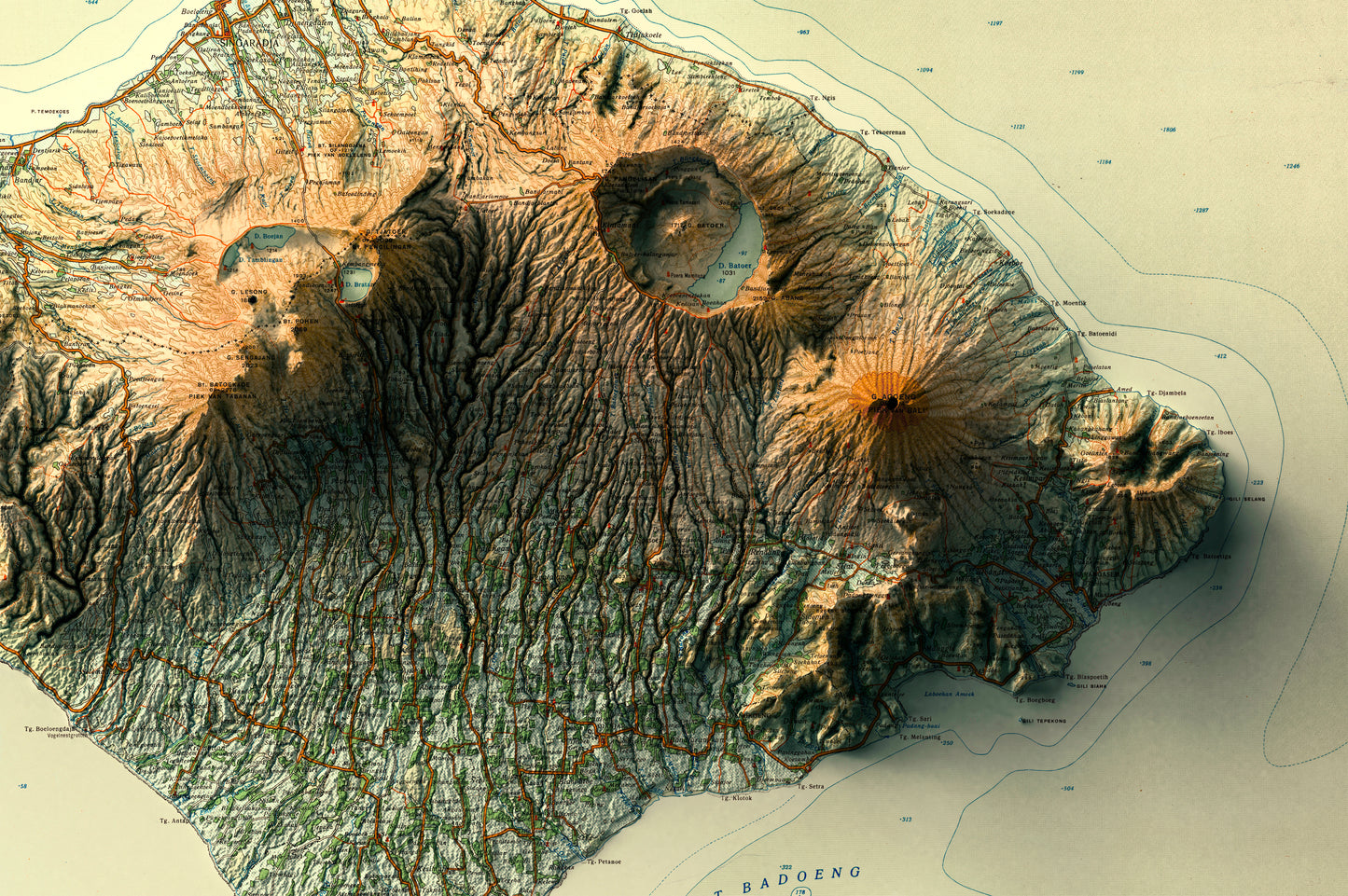 Detailed close-up of a vintage Bali (Indonesia) relief map, showcasing textured topography and geographic contours