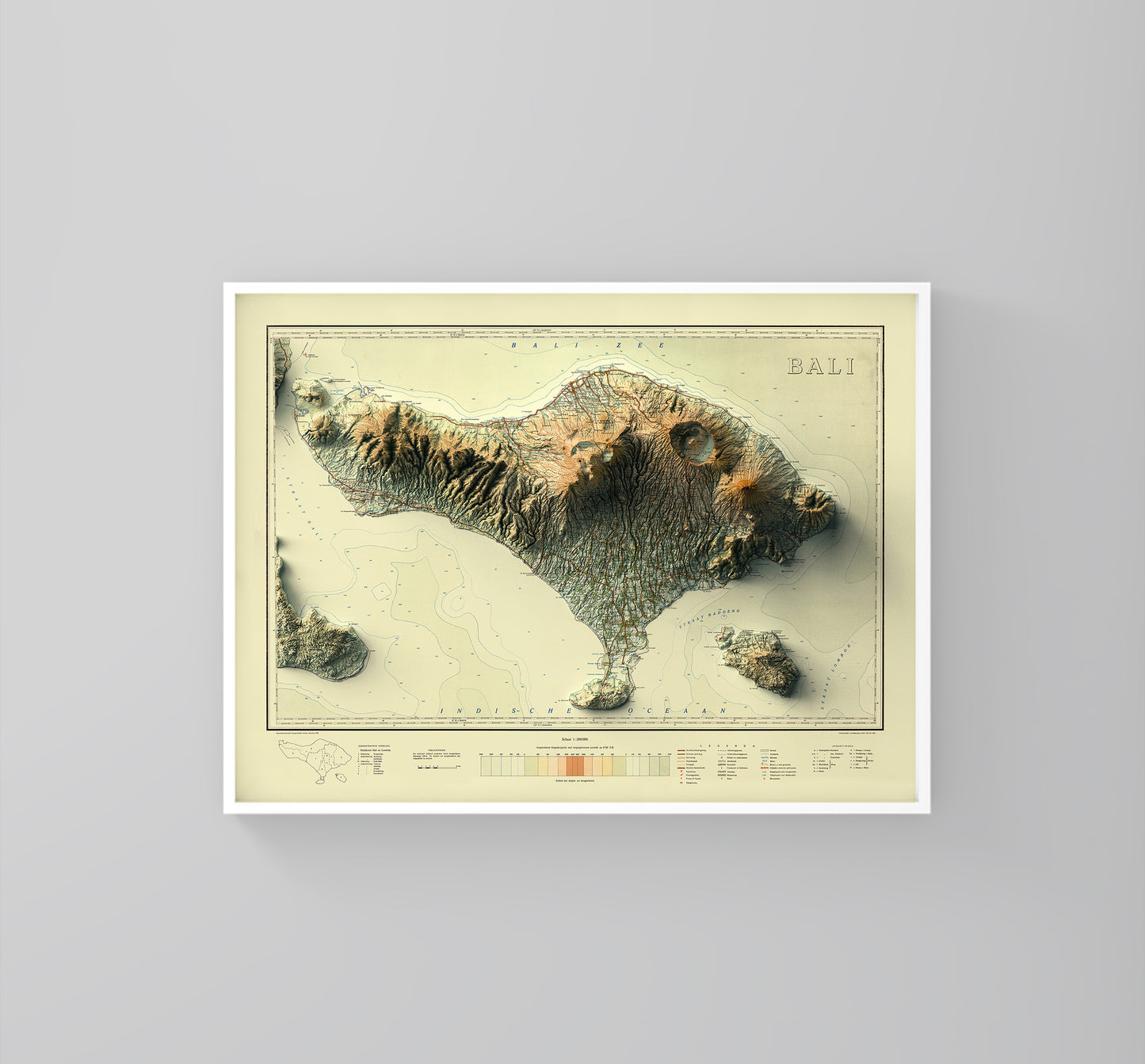 Bali (Indonesia) vintage framed shaded relief map in white frame. Artistic print highlighting mountains with a realistic 3d effect