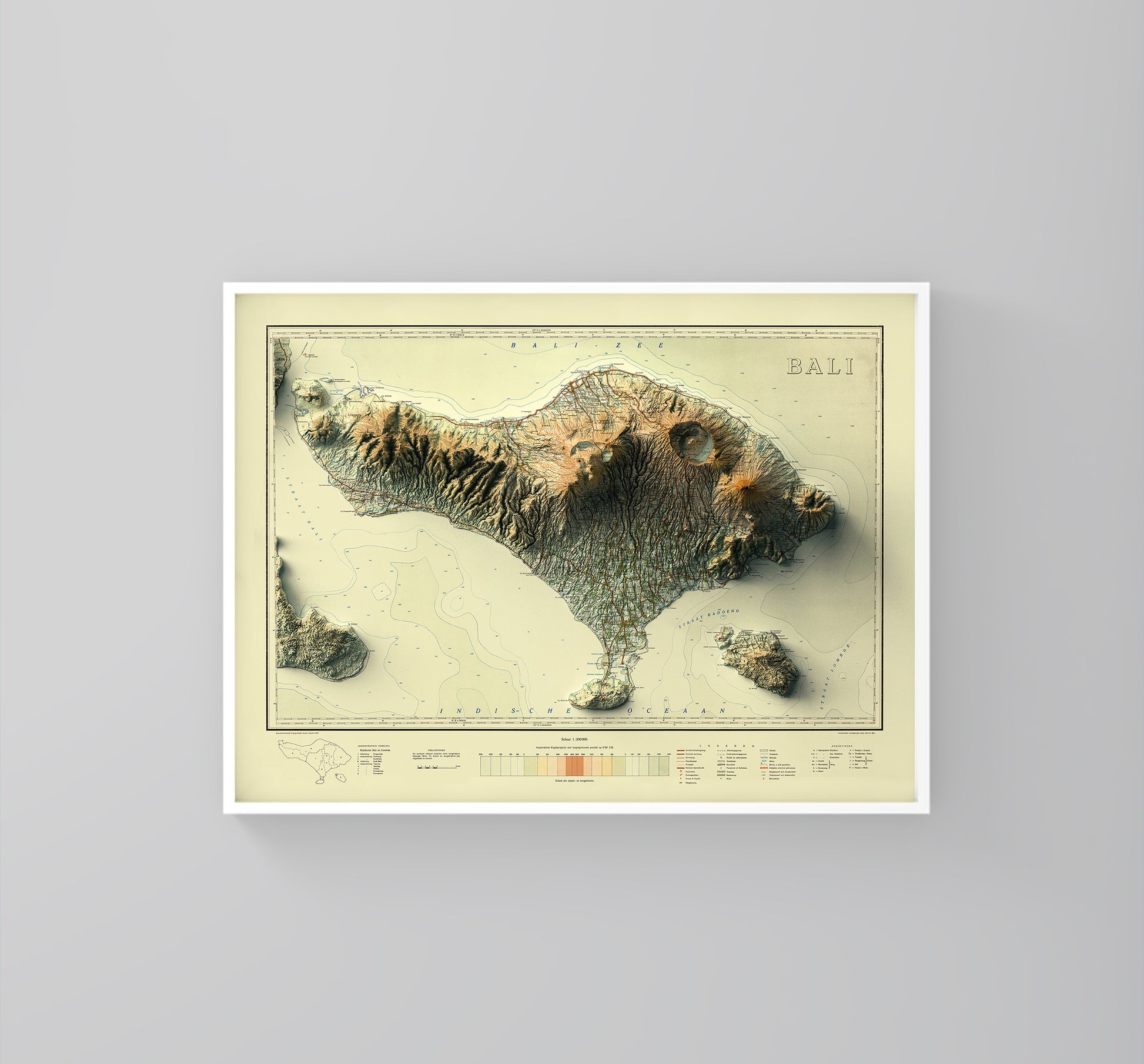 Bali (Indonesia) vintage framed shaded relief map in white frame. Artistic print highlighting mountains with a realistic 3d effect