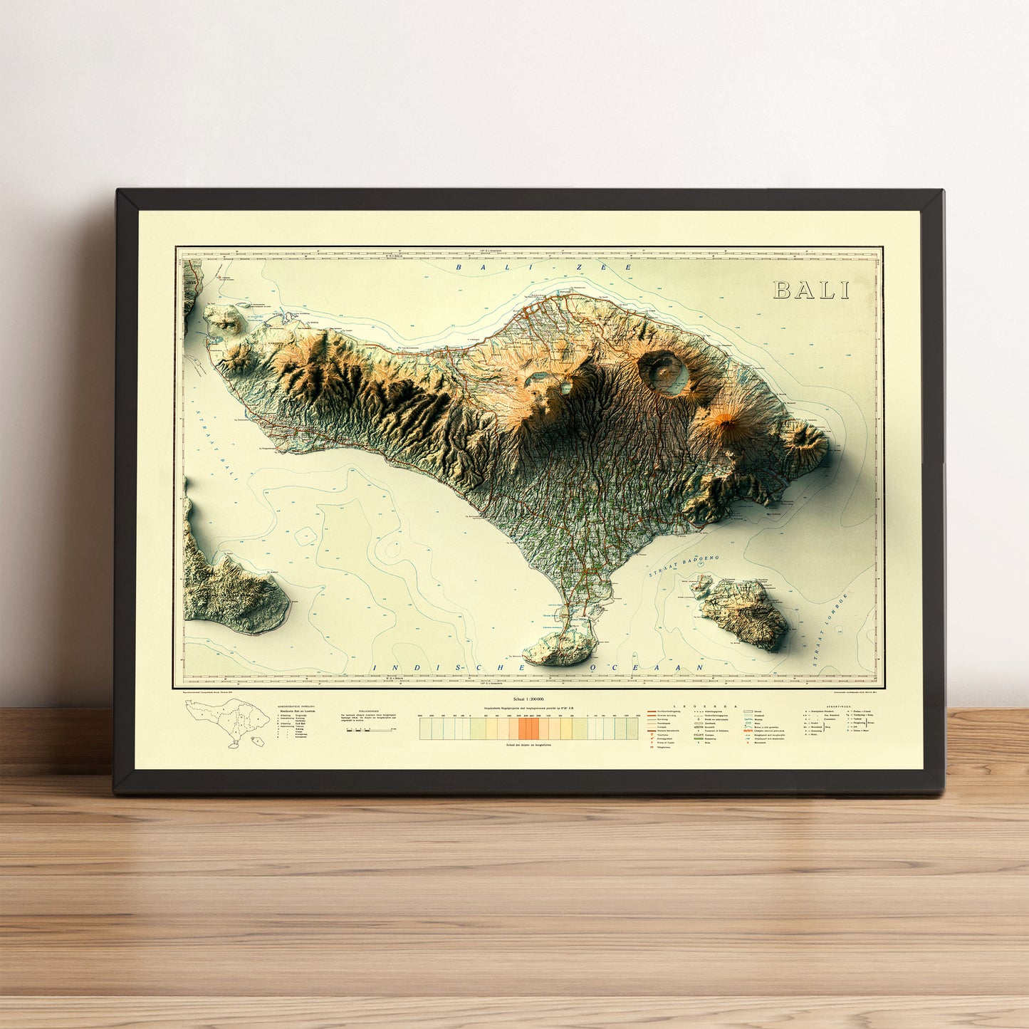 Bali (Indonesia) vintage framed shaded relief map in black frame. Artistic print highlighting mountains with a realistic terrain effect