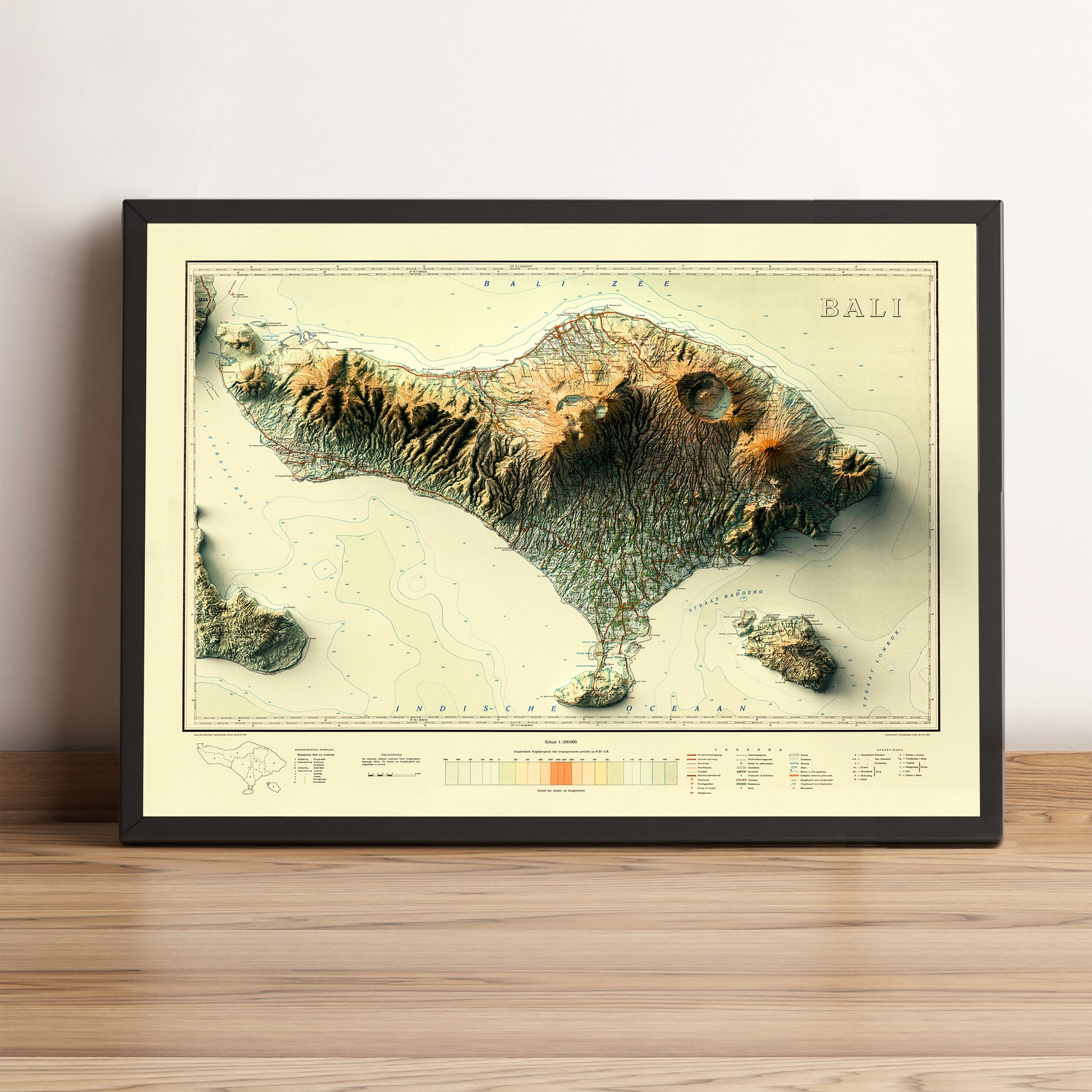 Bali (Indonesia) vintage framed shaded relief map in black frame. Artistic print highlighting mountains with a realistic terrain effect