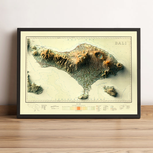 Bali (Indonesia) vintage framed shaded relief map in black frame. Artistic print highlighting mountains with a realistic terrain effect