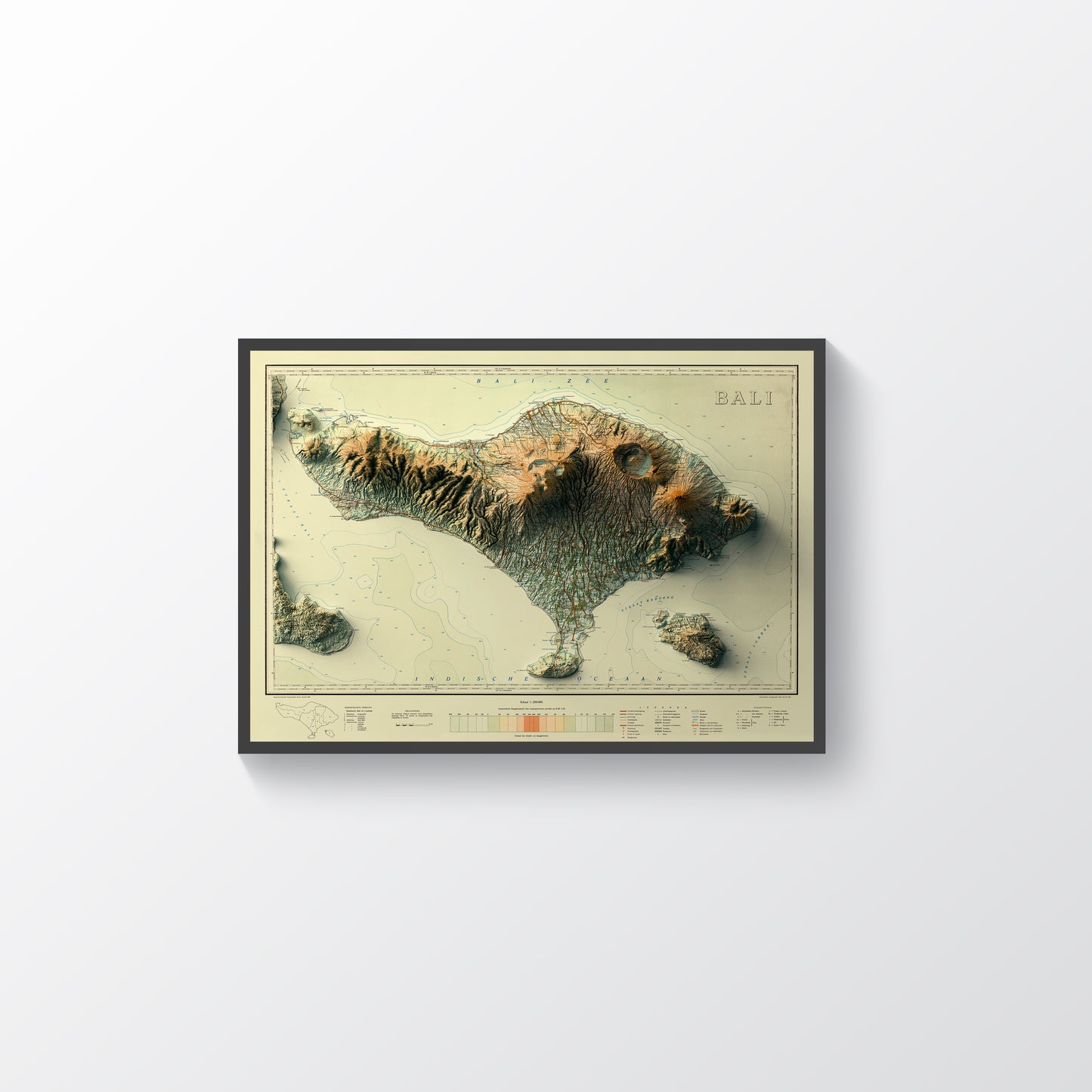 Bali (Indonesia) vintage framed shaded relief map in black frame. Artistic print highlighting mountains with a realistic terrain effect