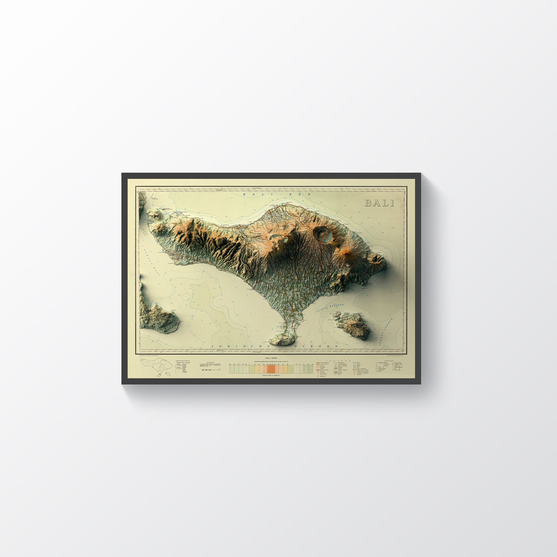 Bali (Indonesia) vintage framed shaded relief map in black frame. Artistic print highlighting mountains with a realistic terrain effect