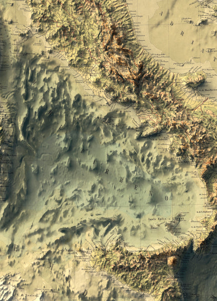 vintage shaded bathymetric relief map of Italy
