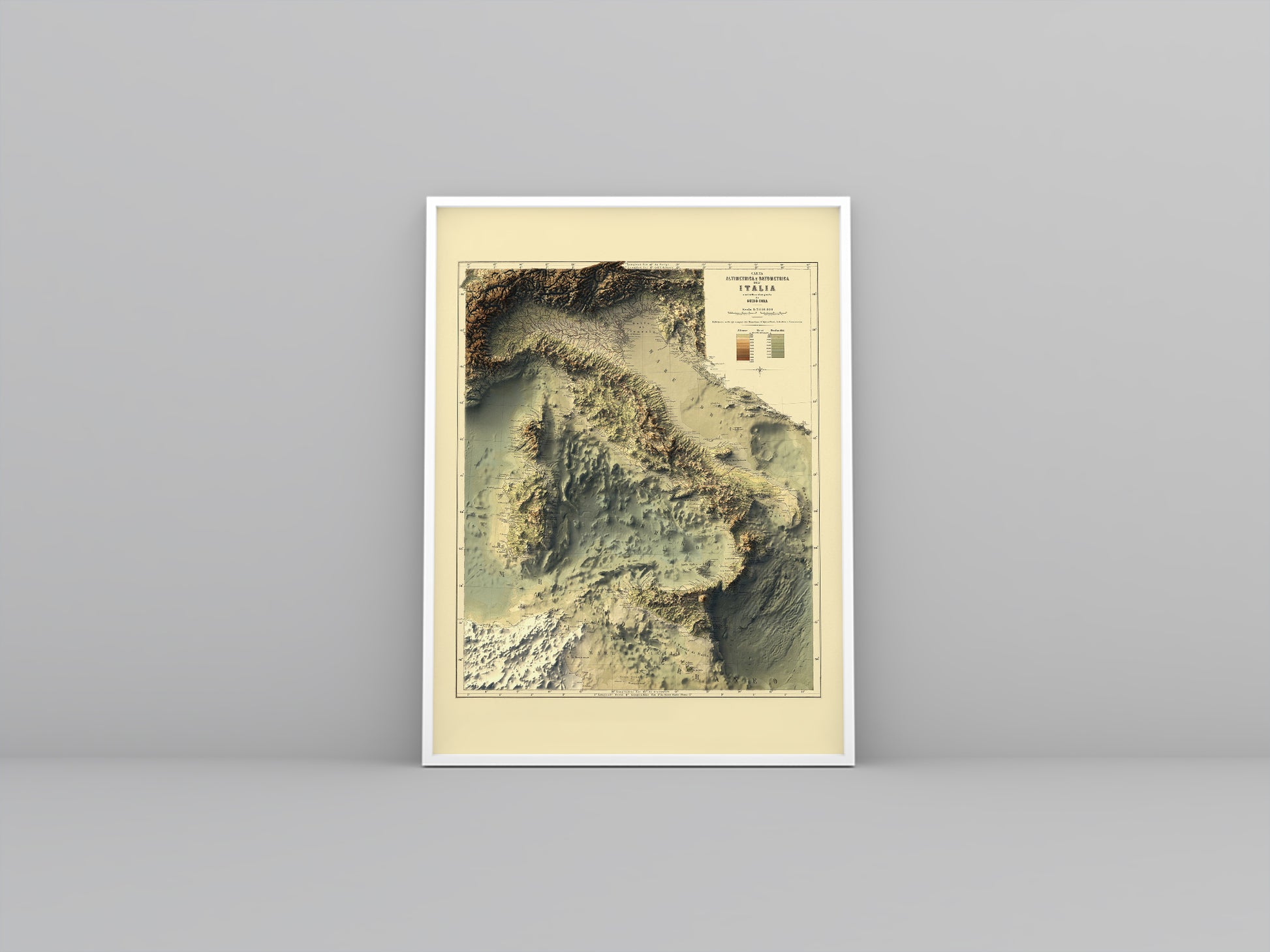 Italy Bathymetrical vintage framed shaded relief map in white frame. Artistic print highlighting mountains with a realistic 3d effect