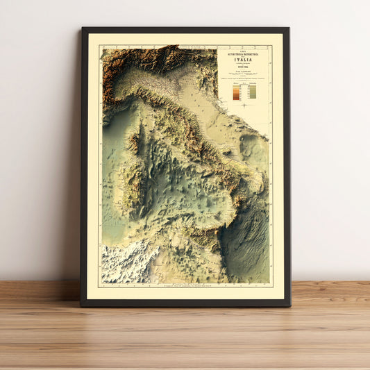 Italy Bathymetric vintage framed shaded relief map in black frame. Artistic print highlighting mountains with a realistic terrain effect