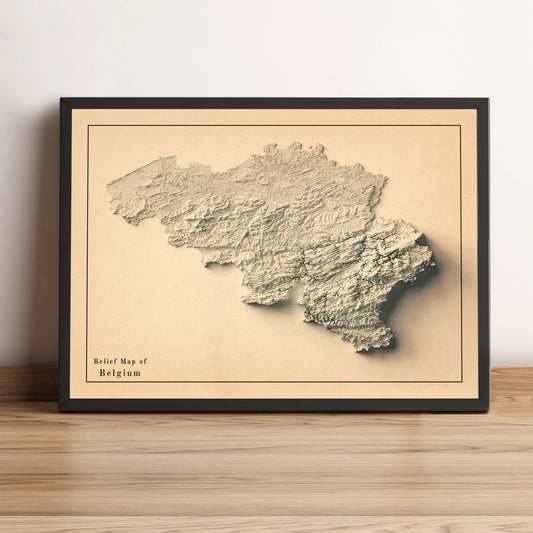 Belgium vintage framed shaded relief map in black frame. Artistic print highlighting mountains with a realistic terrain effect