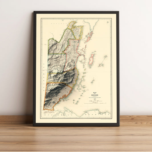 Belize vintage framed shaded relief map in black frame. Artistic print highlighting mountains with a realistic terrain effect