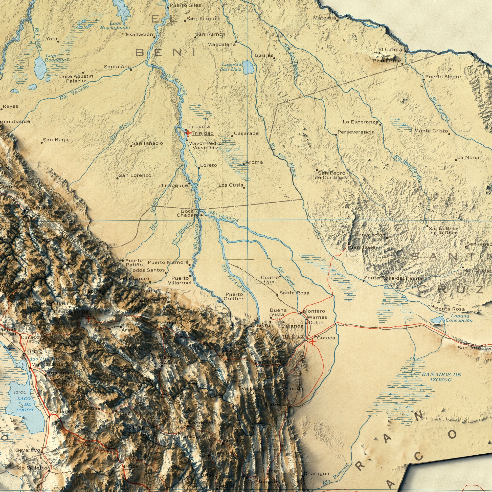 Detailed close-up of a vintage Bolivia relief map, showcasing textured topography and geographic contours