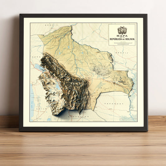 Bolivia vintage framed shaded relief map in black frame. Artistic print highlighting mountains with a realistic terrain effect