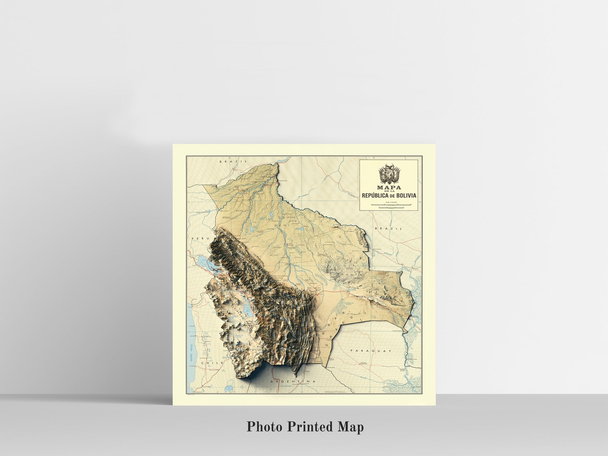 Bolivia Shaded relief map print, highlighting topography. Ideal for home decor and geography lovers