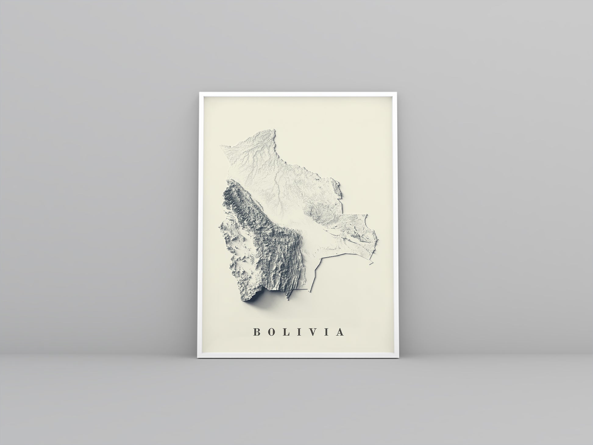 Bolivia vintage framed shaded relief map in white frame. Artistic print highlighting mountains with a realistic 3d effect
