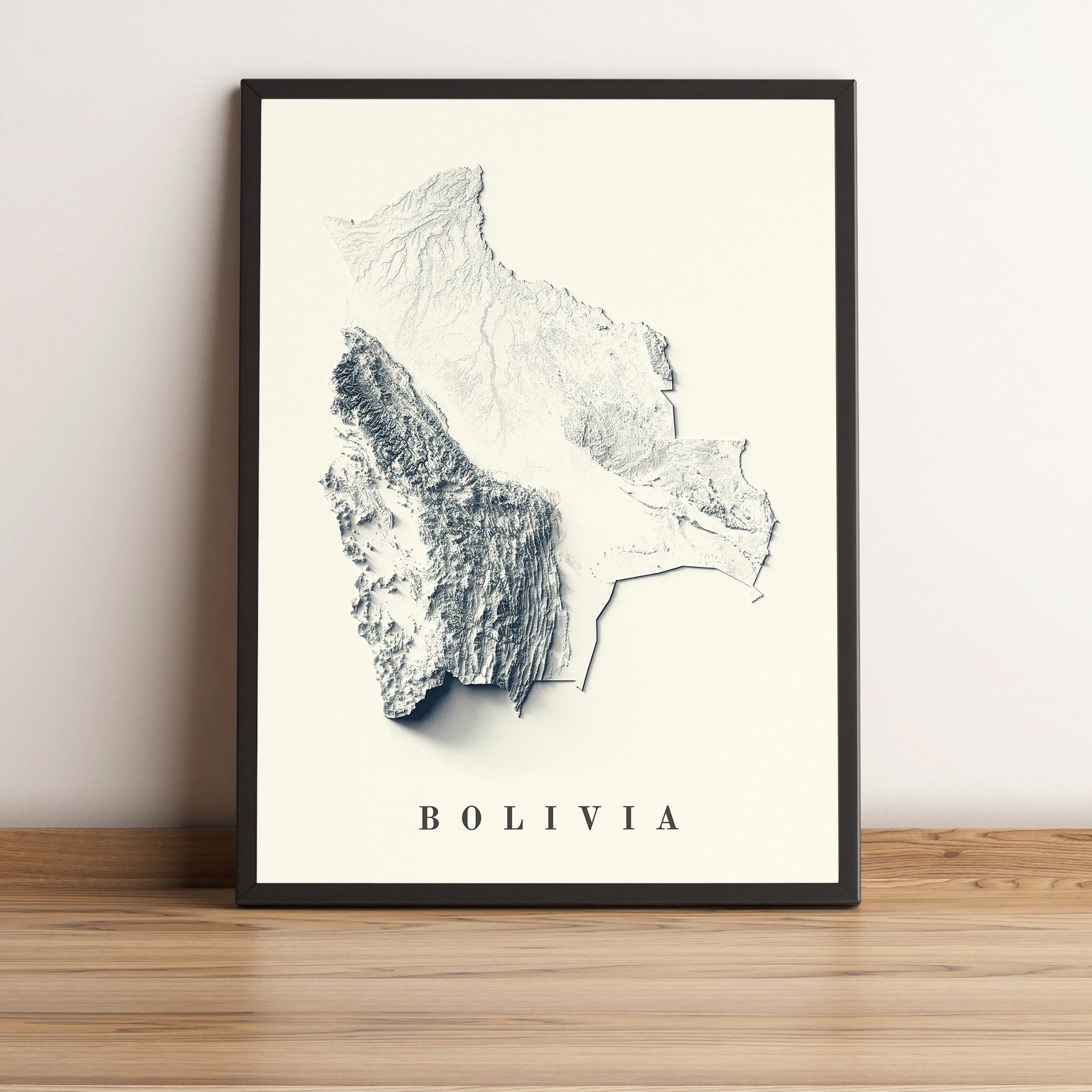 Bolivia vintage framed shaded relief map in black frame. Artistic print highlighting mountains with a realistic terrain effect