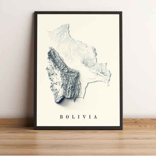 Bolivia vintage framed shaded relief map in black frame. Artistic print highlighting mountains with a realistic terrain effect