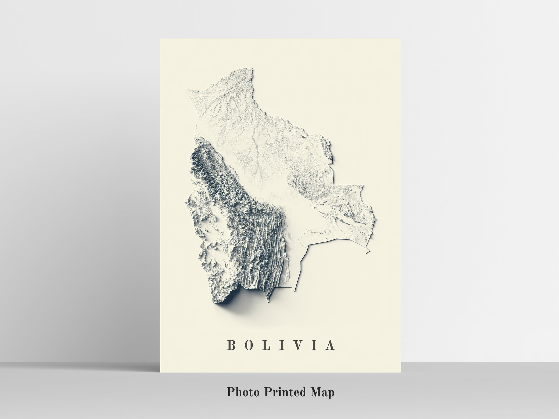 Bolivia Shaded relief map print, highlighting topography. Ideal for home decor and geography lovers