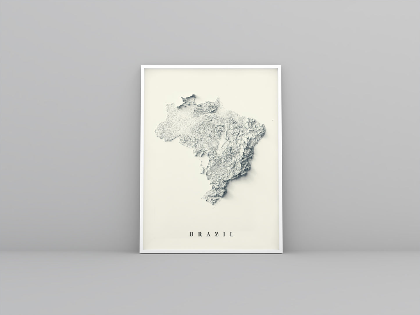 Brazil vintage framed shaded relief map in white frame. Artistic print highlighting mountains with a realistic 3d effect
