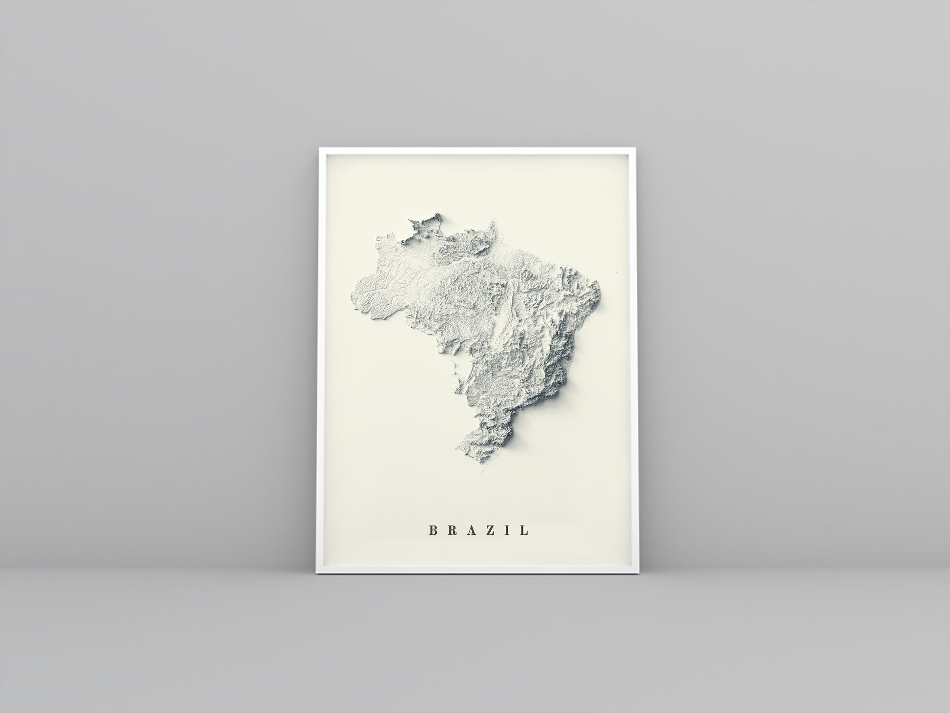 Brazil vintage framed shaded relief map in white frame. Artistic print highlighting mountains with a realistic 3d effect