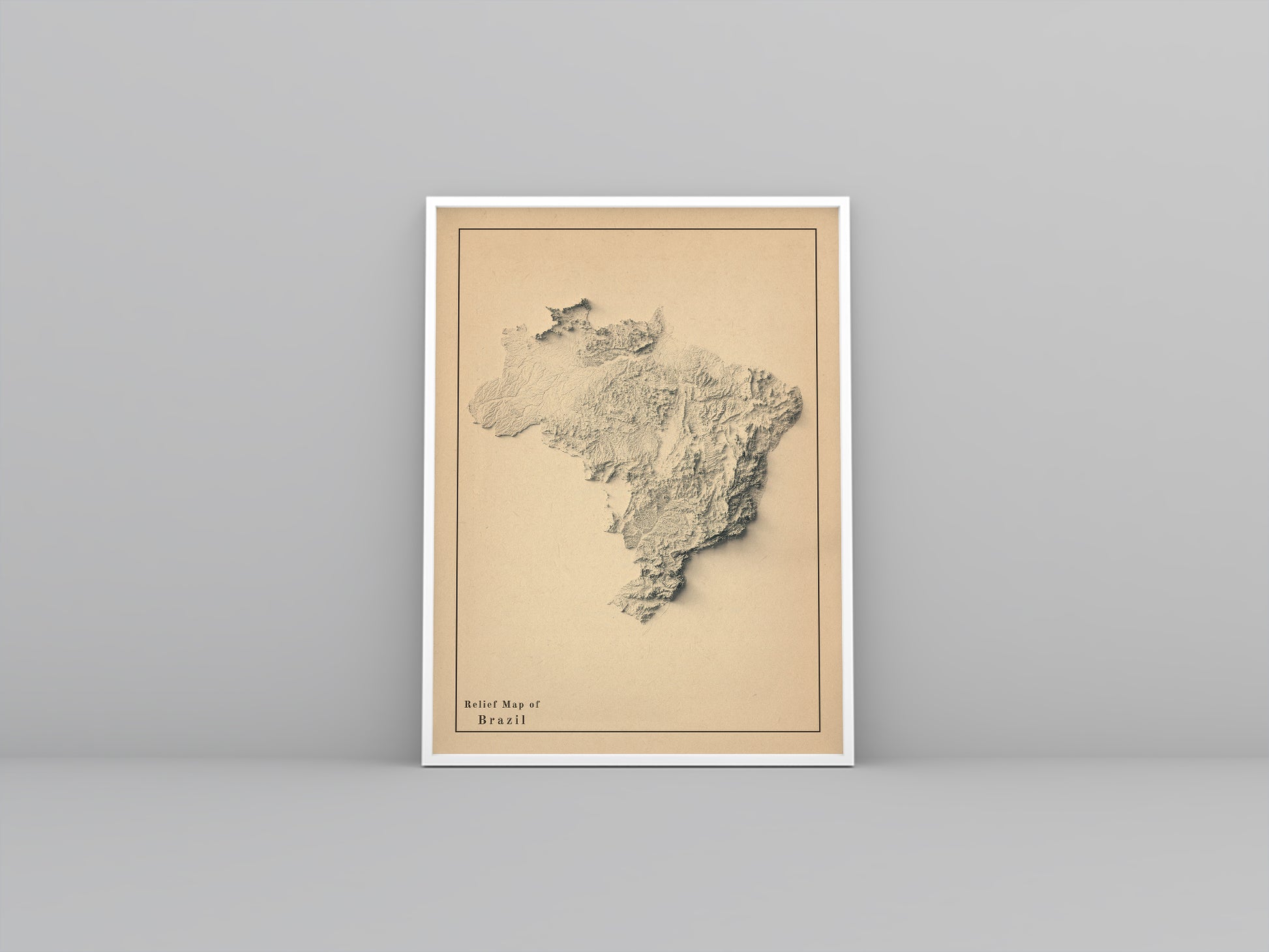 Brazil vintage framed shaded relief map in white frame. Artistic print highlighting mountains with a realistic 3d effect