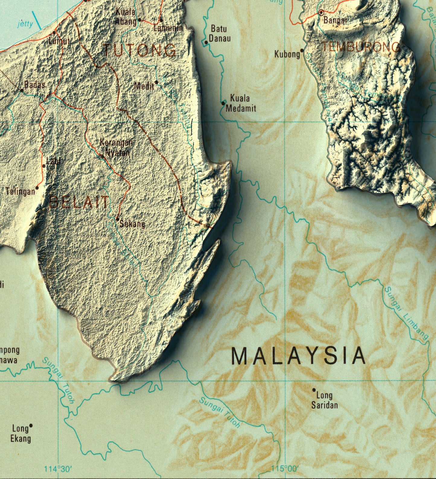 Detailed close-up of a Brunei relief map, showcasing textured topography and geographic contours