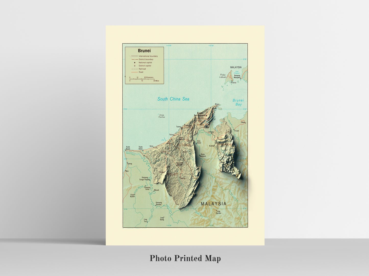 Brunei Shaded relief map print, highlighting topography. Ideal for home decor and geography lovers