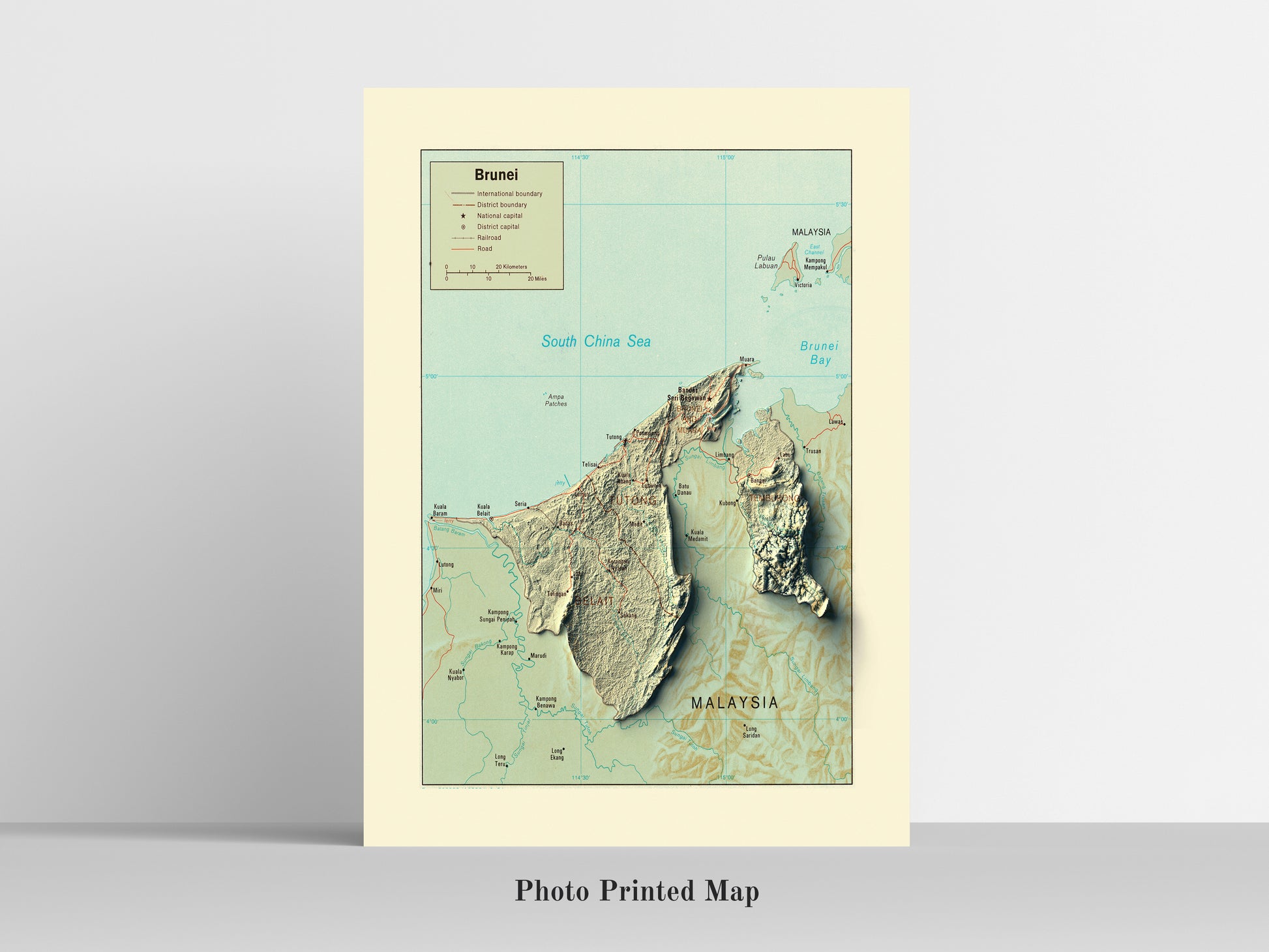 Brunei Shaded relief map print, highlighting topography. Ideal for home decor and geography lovers