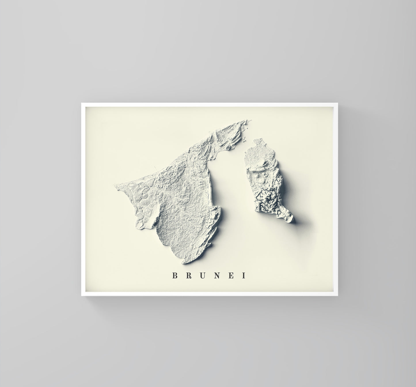Brunei vintage framed shaded relief map in white frame. Artistic print highlighting mountains with a realistic 3d effect