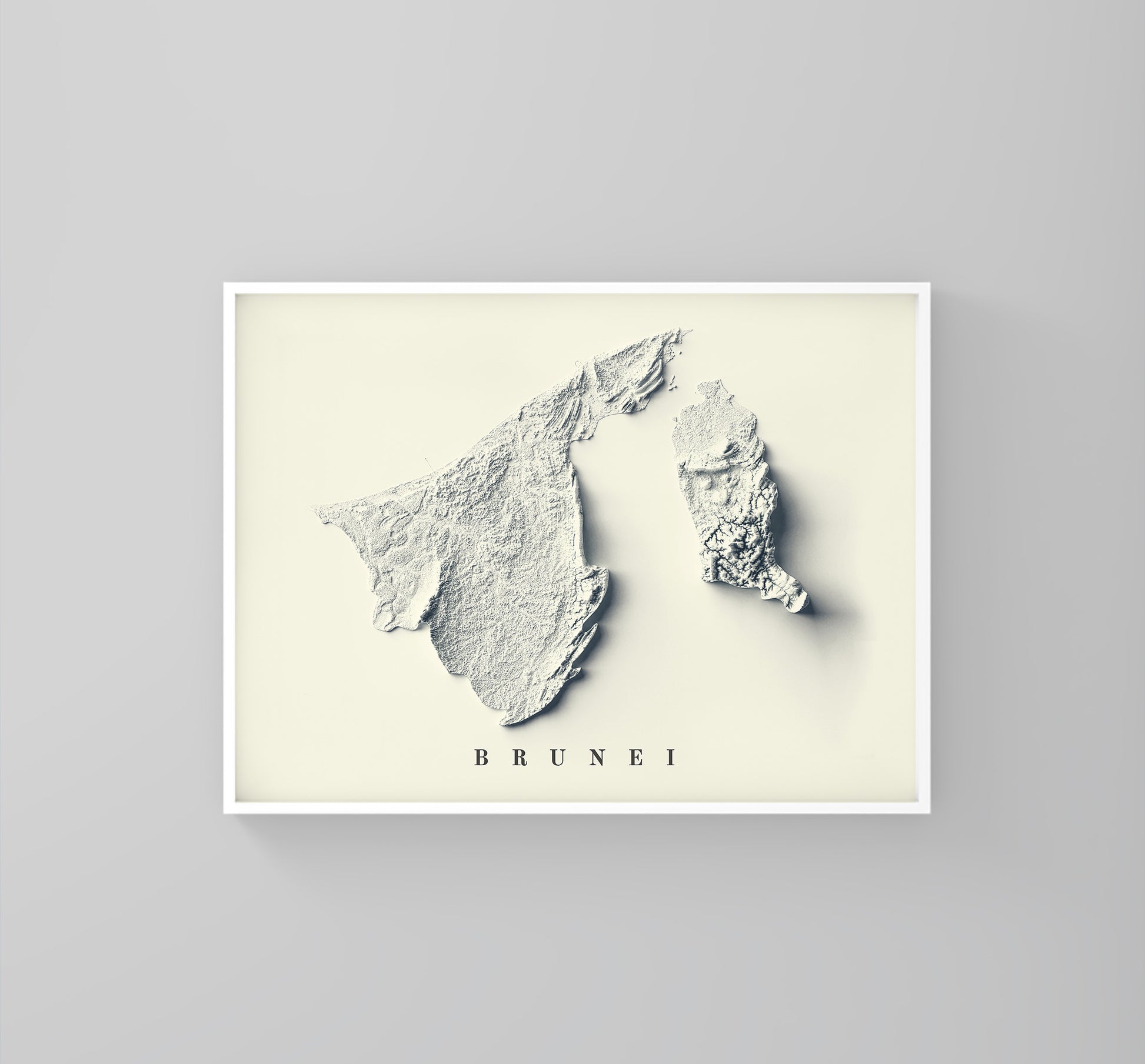 Brunei vintage framed shaded relief map in white frame. Artistic print highlighting mountains with a realistic 3d effect