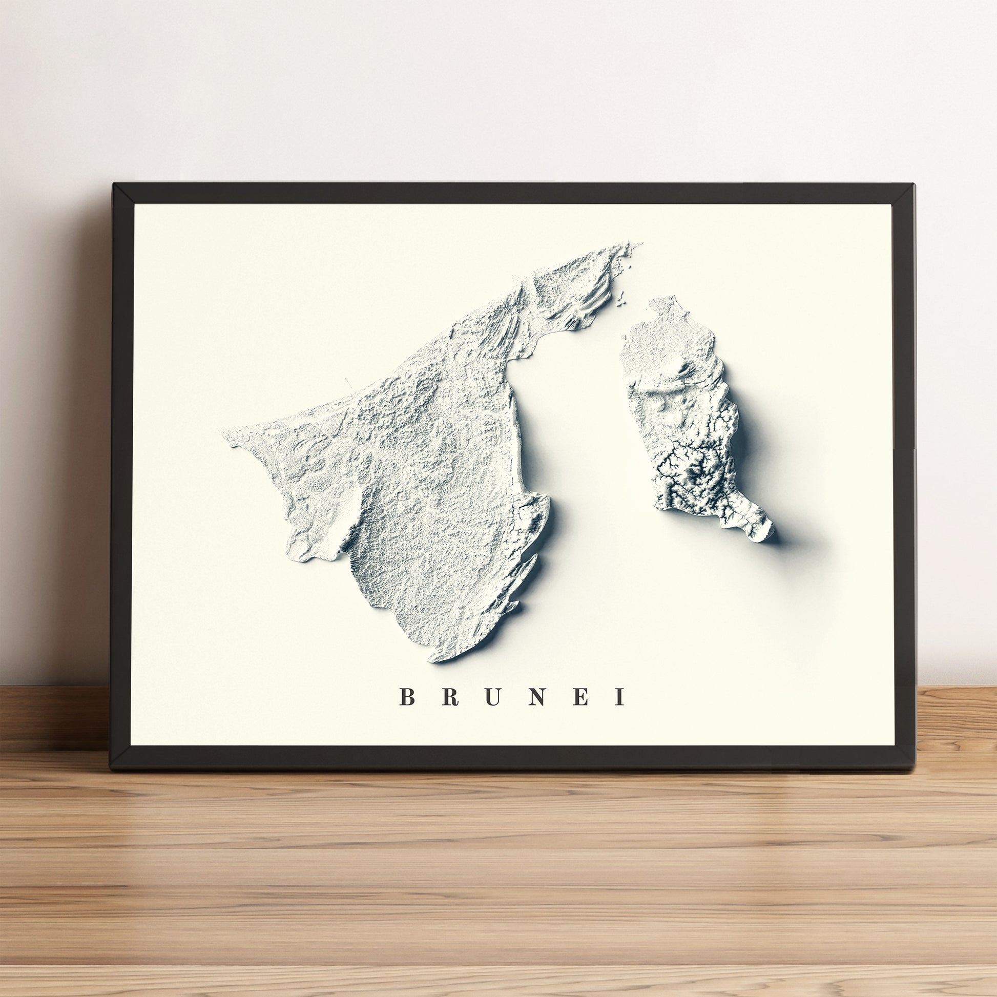 Brunei vintage framed shaded relief map in black frame. Artistic print highlighting mountains with a realistic terrain effect