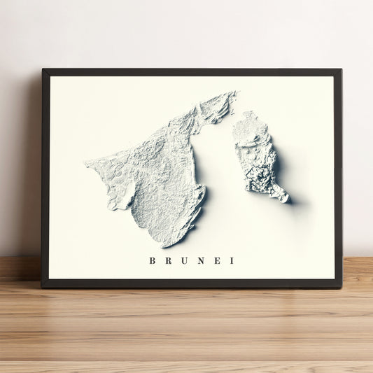 Brunei vintage framed shaded relief map in black frame. Artistic print highlighting mountains with a realistic terrain effect