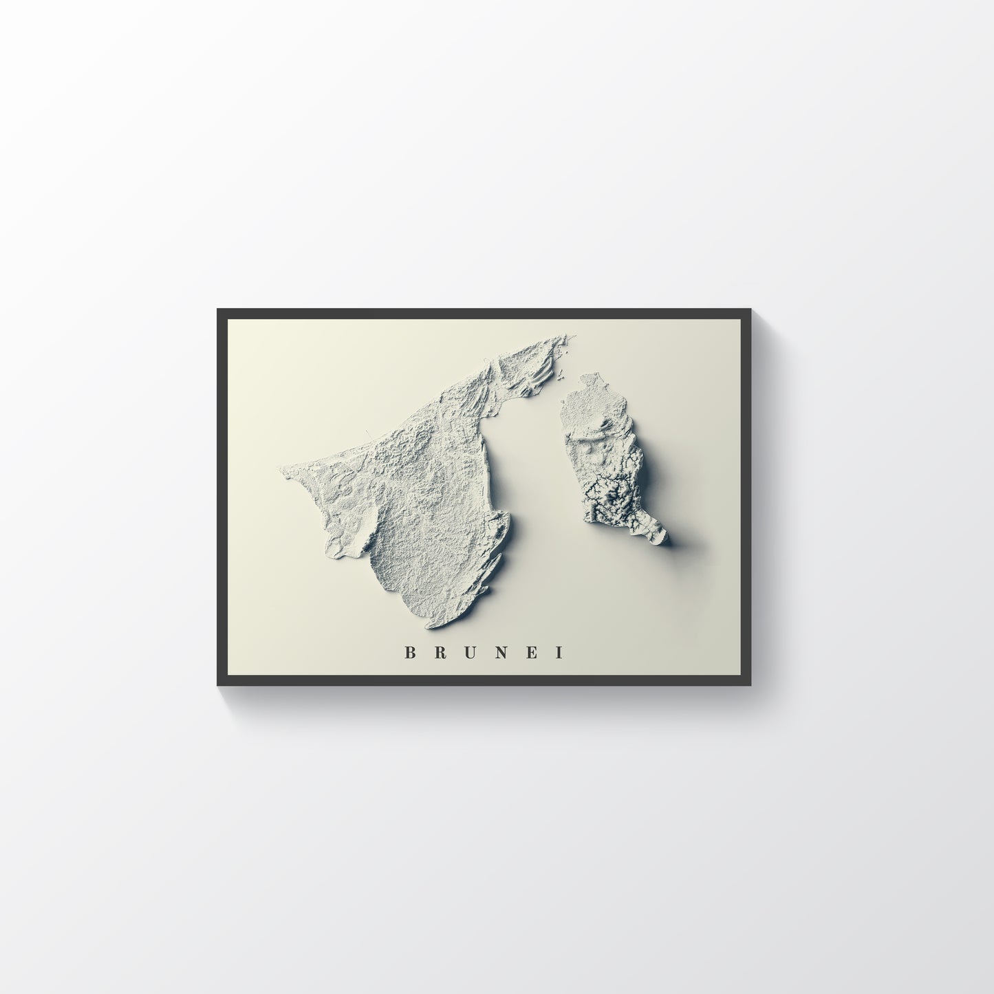 Brunei vintage framed shaded relief map in black frame. Artistic print highlighting mountains with a realistic terrain effect