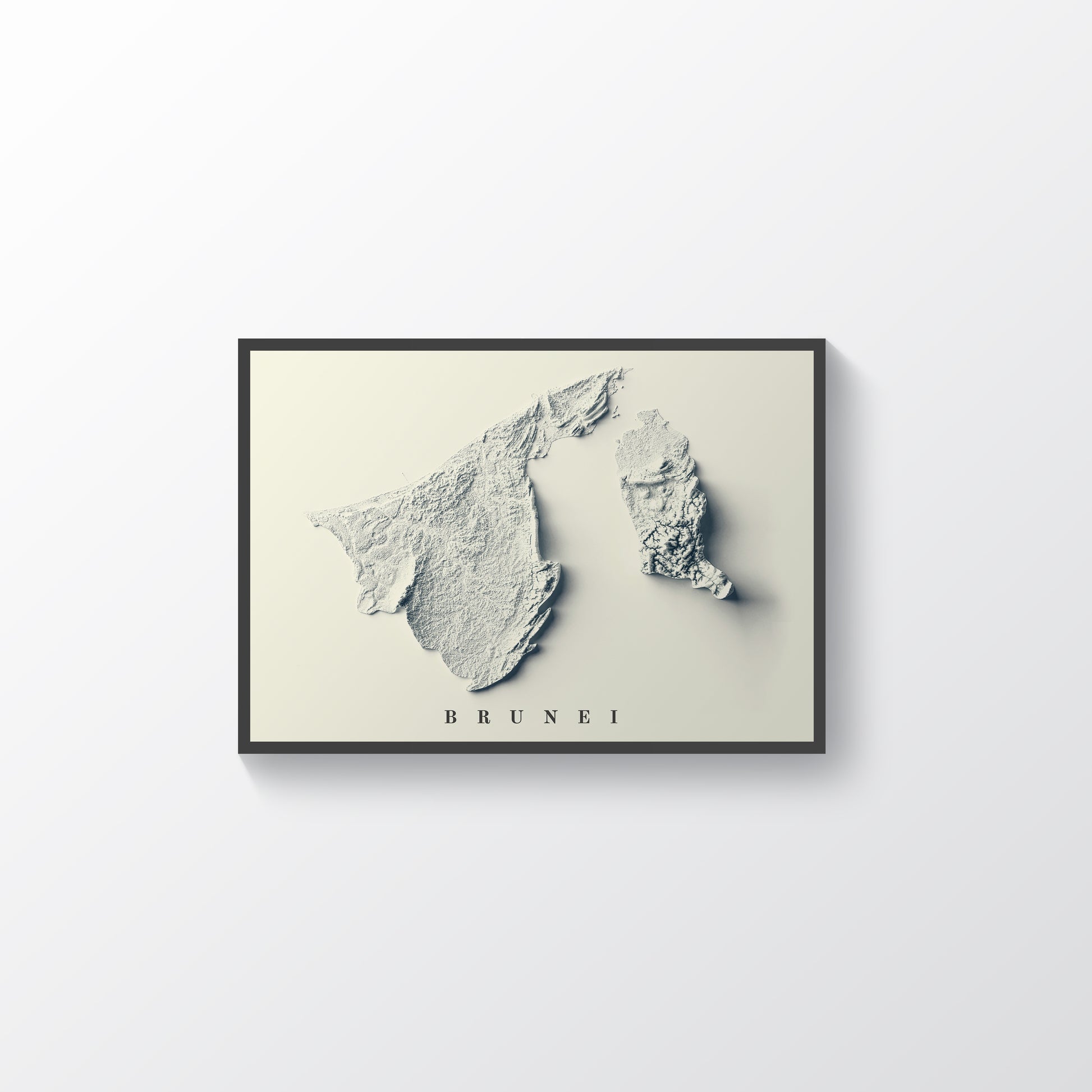 Brunei vintage framed shaded relief map in black frame. Artistic print highlighting mountains with a realistic terrain effect