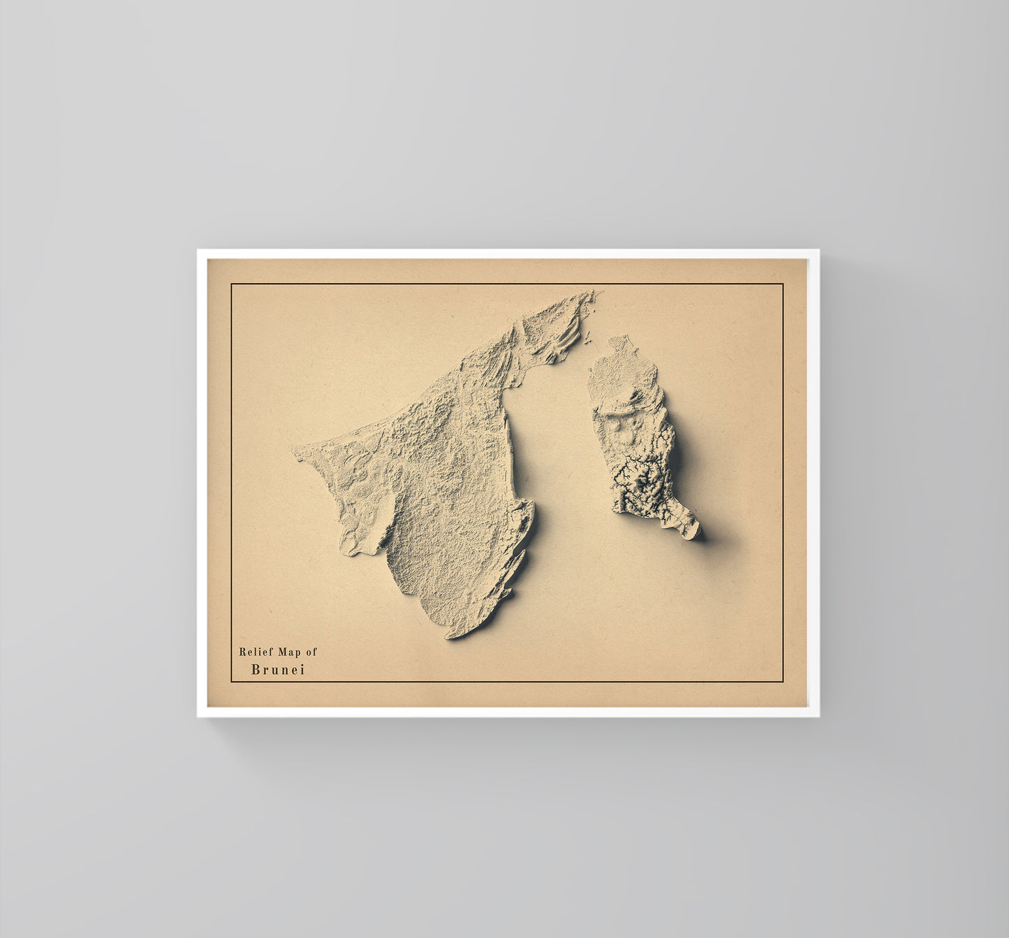 Brunei vintage framed shaded relief map in white frame. Artistic print highlighting mountains with a realistic 3d effect