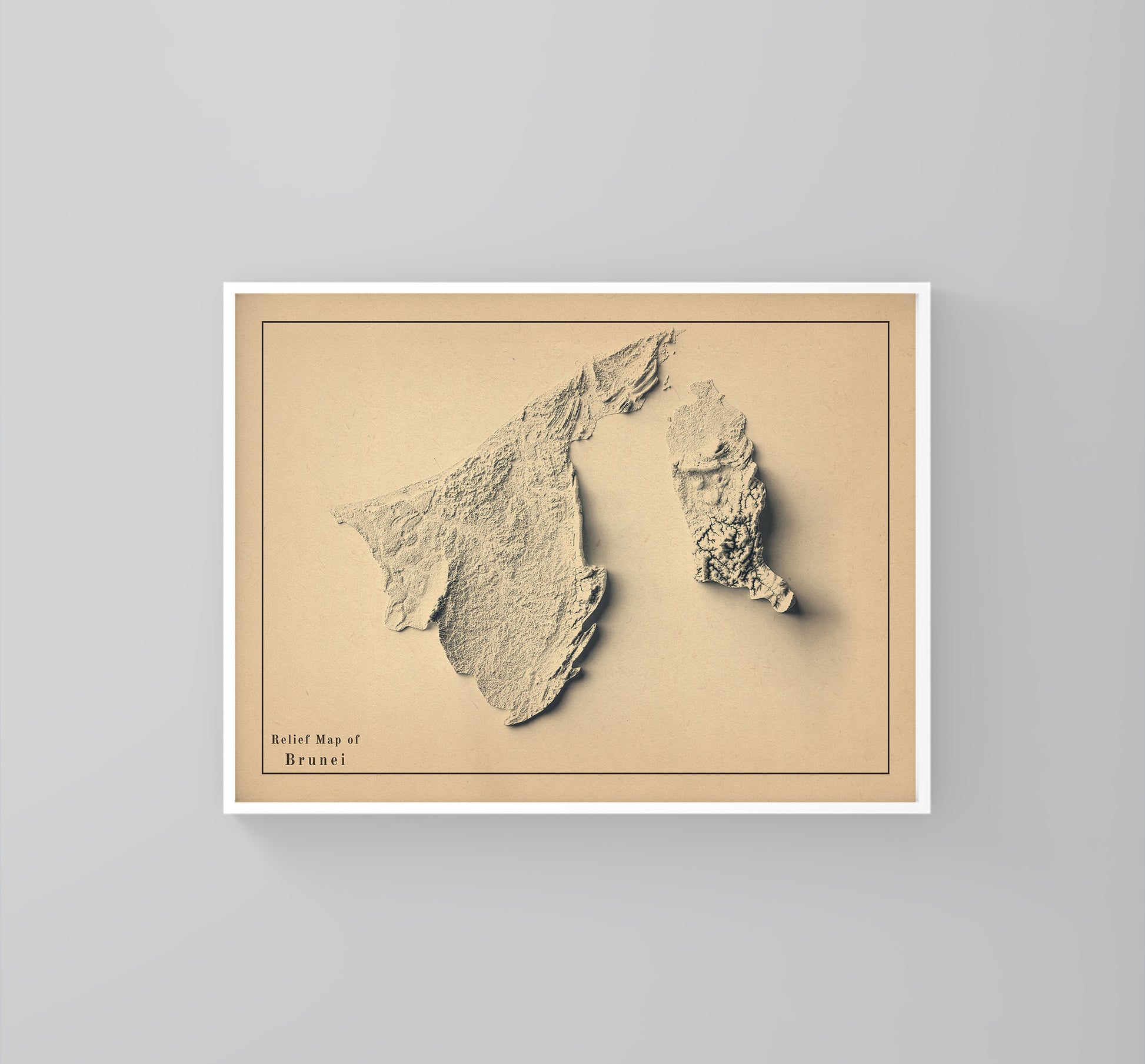 Brunei vintage framed shaded relief map in white frame. Artistic print highlighting mountains with a realistic 3d effect