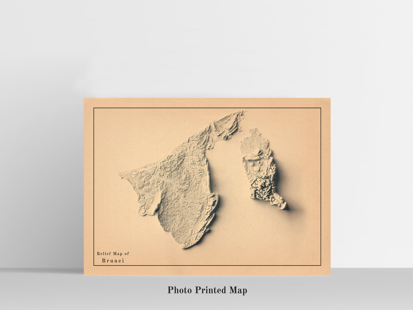 Brunei Shaded relief map print, highlighting topography. Ideal for home decor and geography lovers