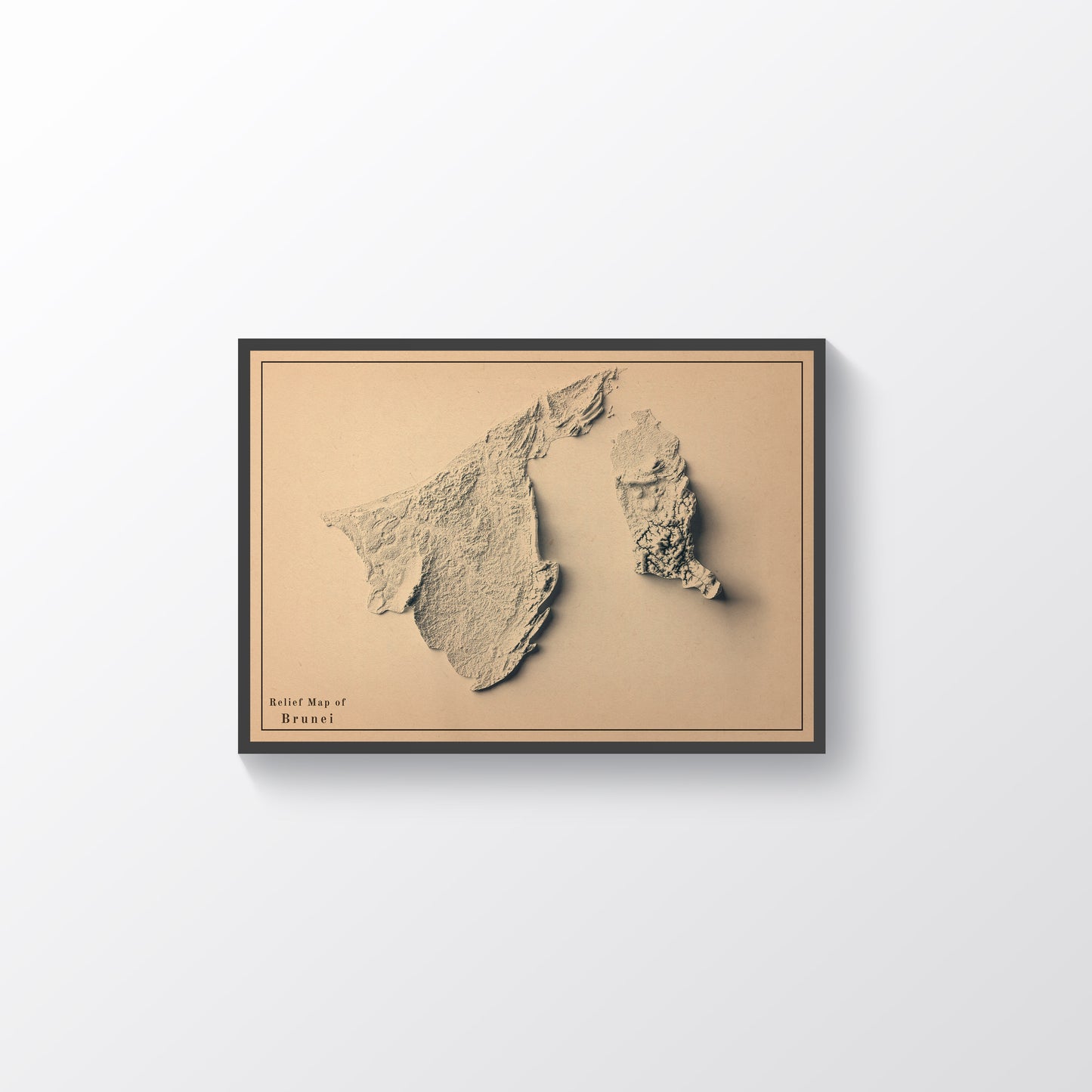 Brunei vintage framed shaded relief map in black frame. Artistic print highlighting mountains with a realistic terrain effect