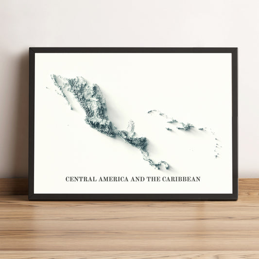 Central America framed shaded relief map in black frame. Artistic print highlighting mountains with a realistic terrain effect